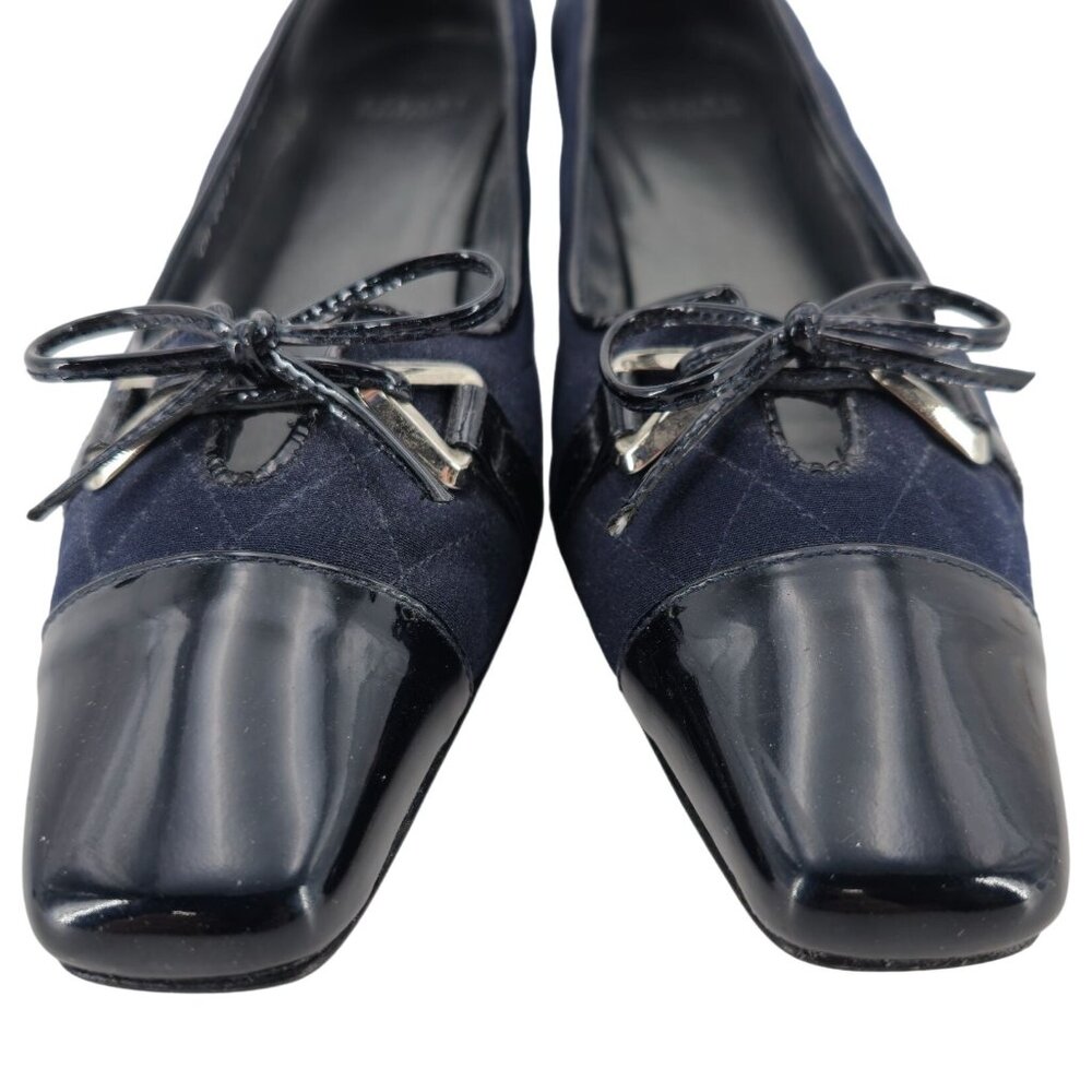 Stuart Weitzman 8.5AAAA Navy Crepe Fabric Black Leather Dress Bow Heels Womens - Picture 9 of 15
